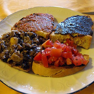 Tomato, mushroom, chicken liver paste, and something else delicious.